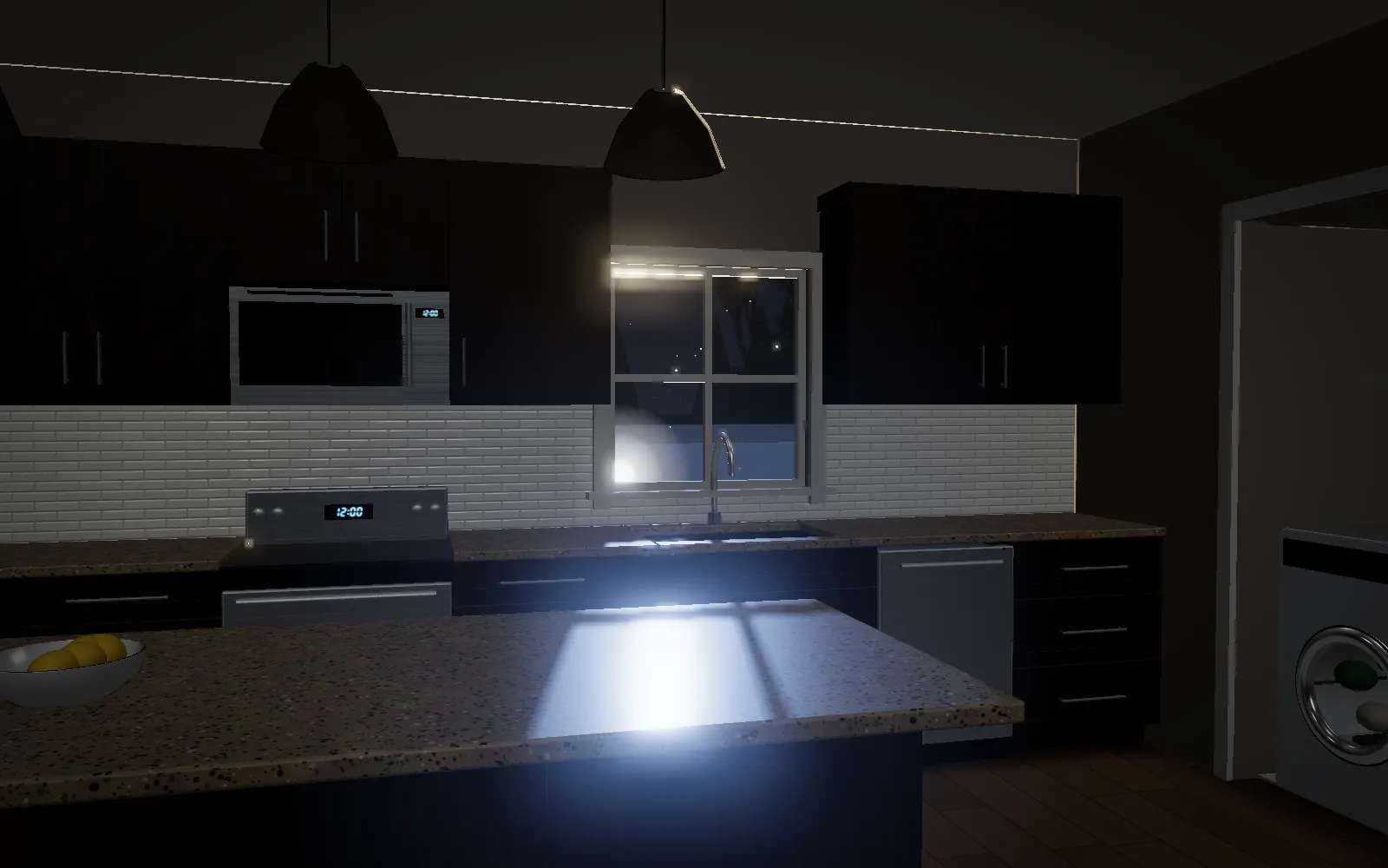 Headlights sweeping through a kitchen window at night