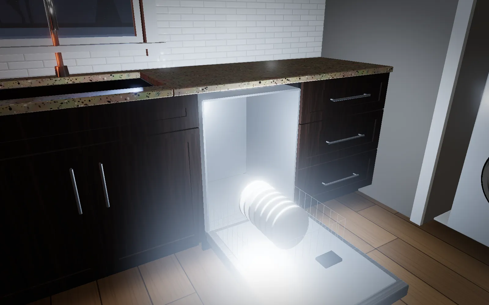 A dishwasher with its door open and the lower rack pulled out, lit inside