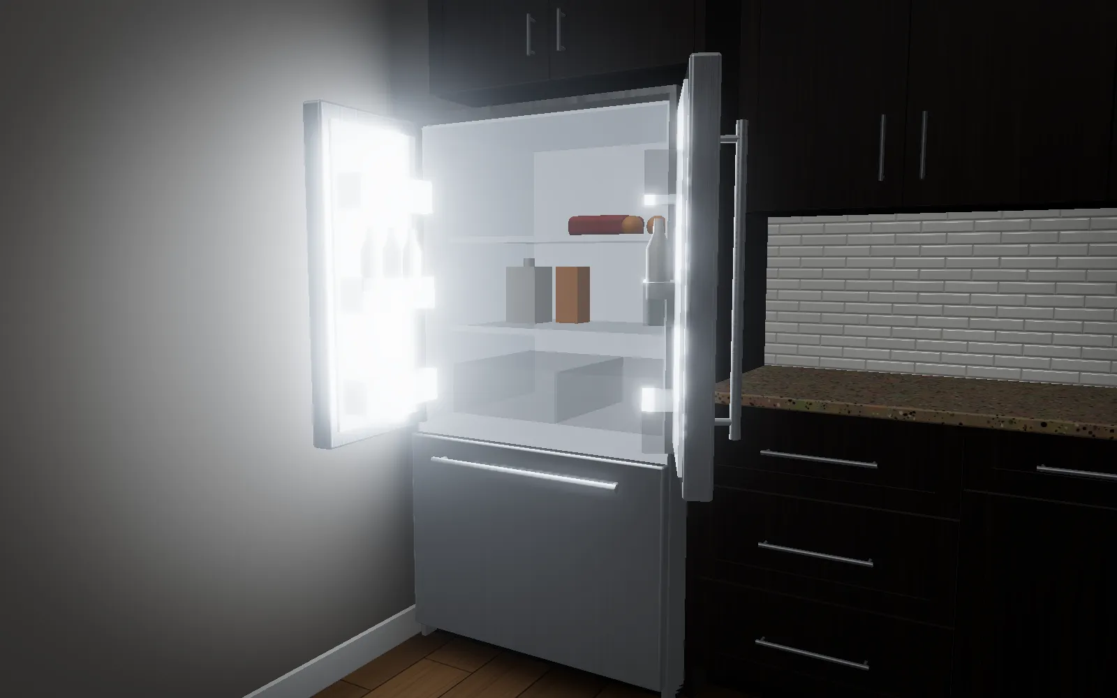 A stainless French-door refrigerator with both doors open and its light spilling across the kitchen floor