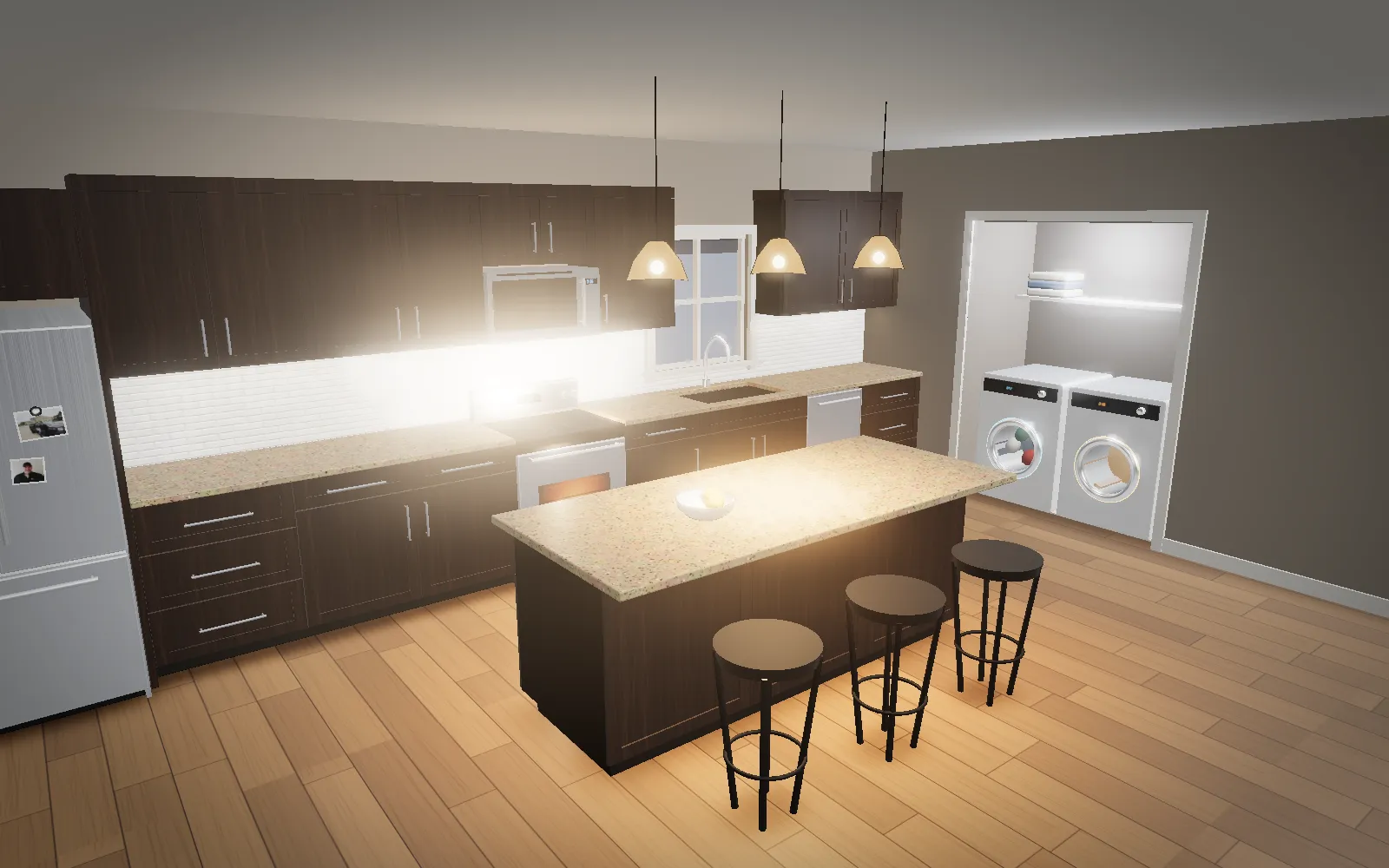 The whole kitchen lit and warm, pendants on over the island, every appliance running