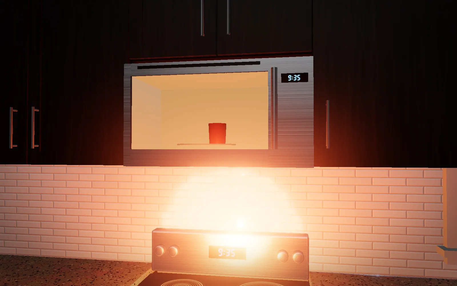 An over-the-range microwave lit inside, its turntable turning above a glass-top range