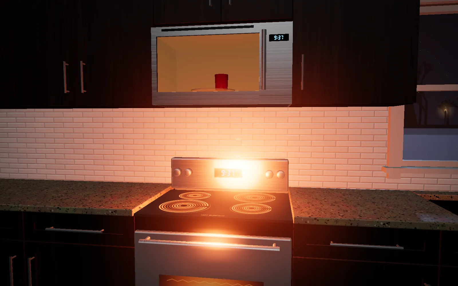 A glass-top range with its four elements glowing and the oven light on, under an over-the-range microwave