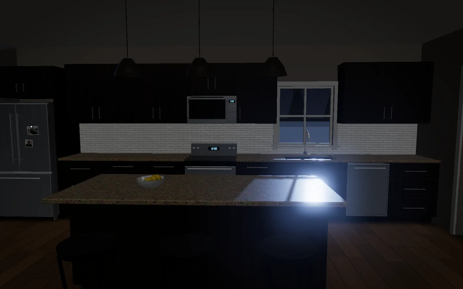 A kitchen at night, lit only by moonlight through the window over the sink, with snow falling outside