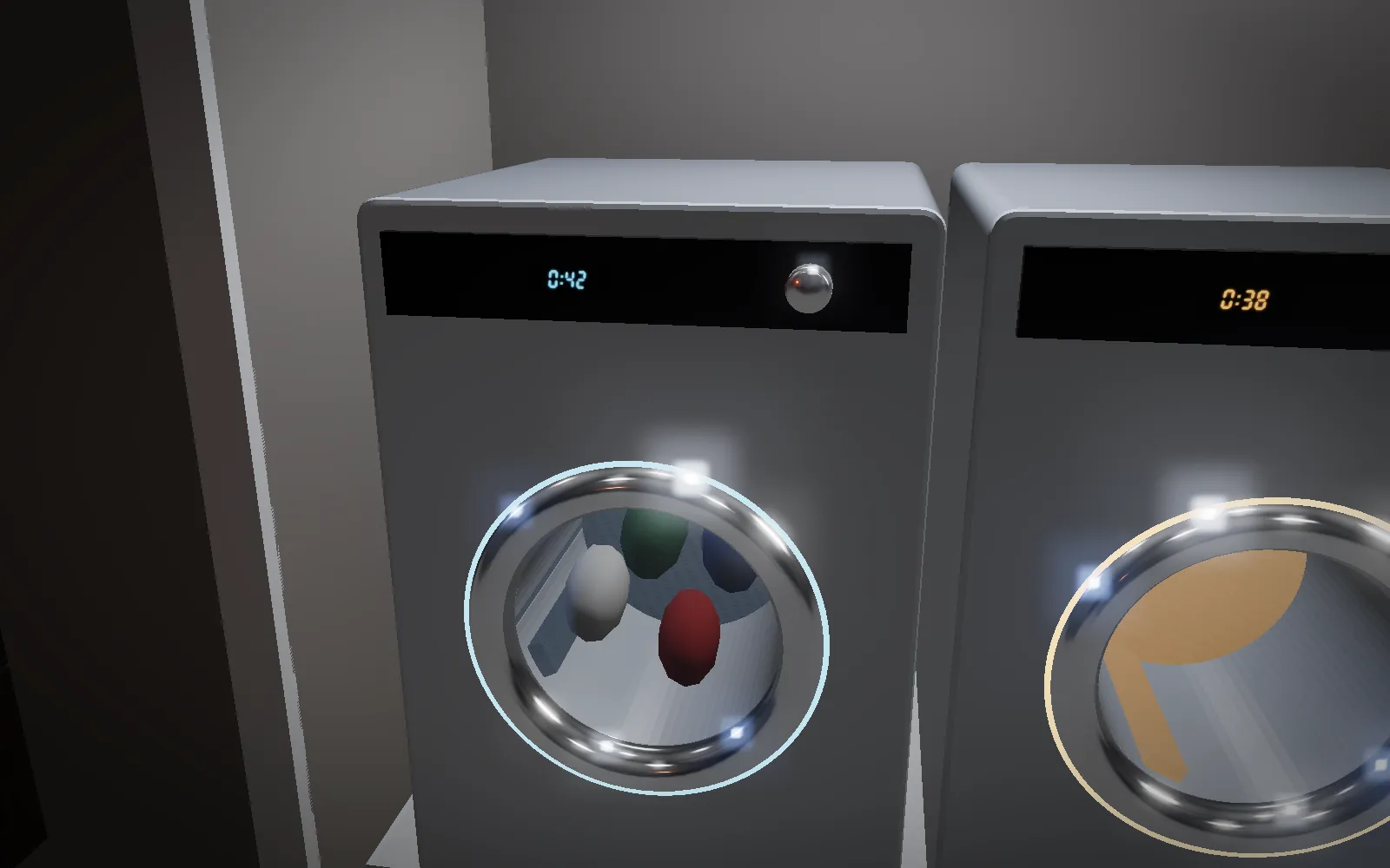 A front-load washer with its door ring lit and the drum turning